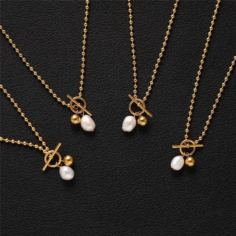 18K Gold Stainless Steel Jewelry Single Freshwater Pearl Round Beads Choker Necklace OT Buckle Necklace