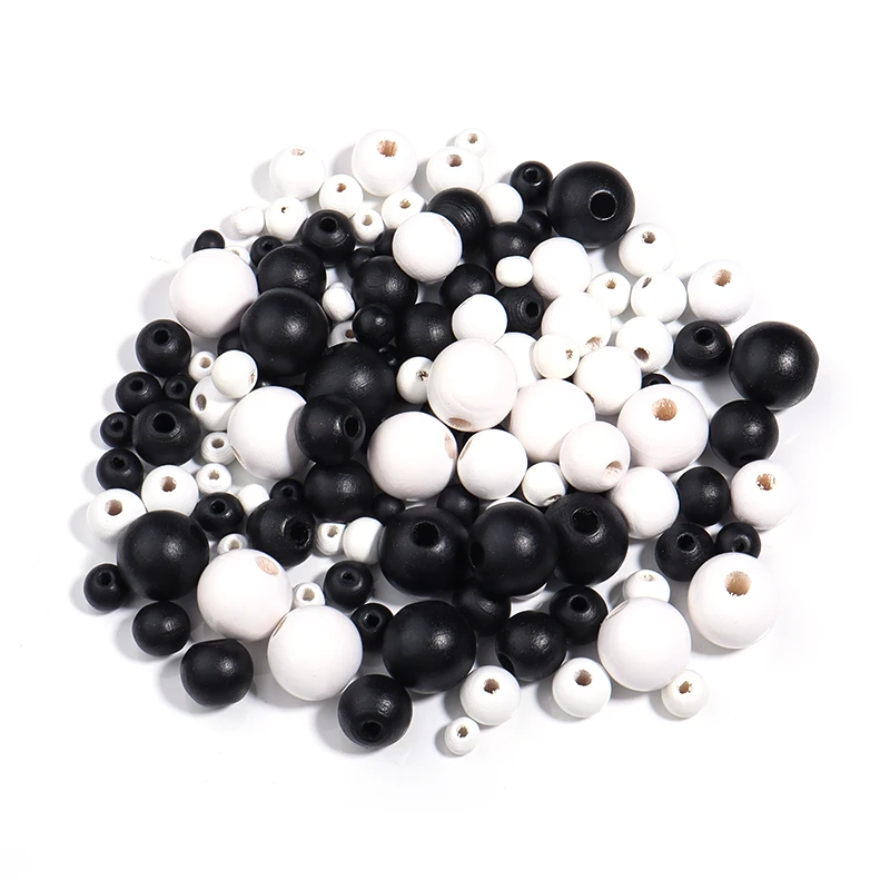 Black and white beads with multiple specifications of wooden round beads are used for jewelry making decoration, and DIY jewelry