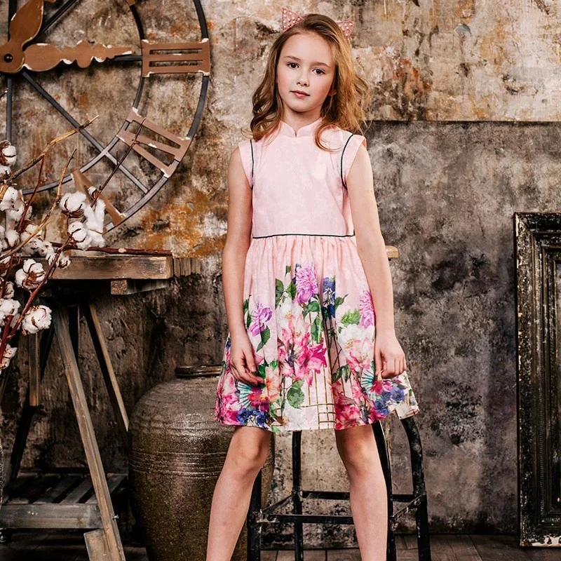 Huaduo OEM/ODM Summer Design Girls Flower Print Style Dress Kids Princess Dresses For Girls Children Party Dress 4-14 Years Old