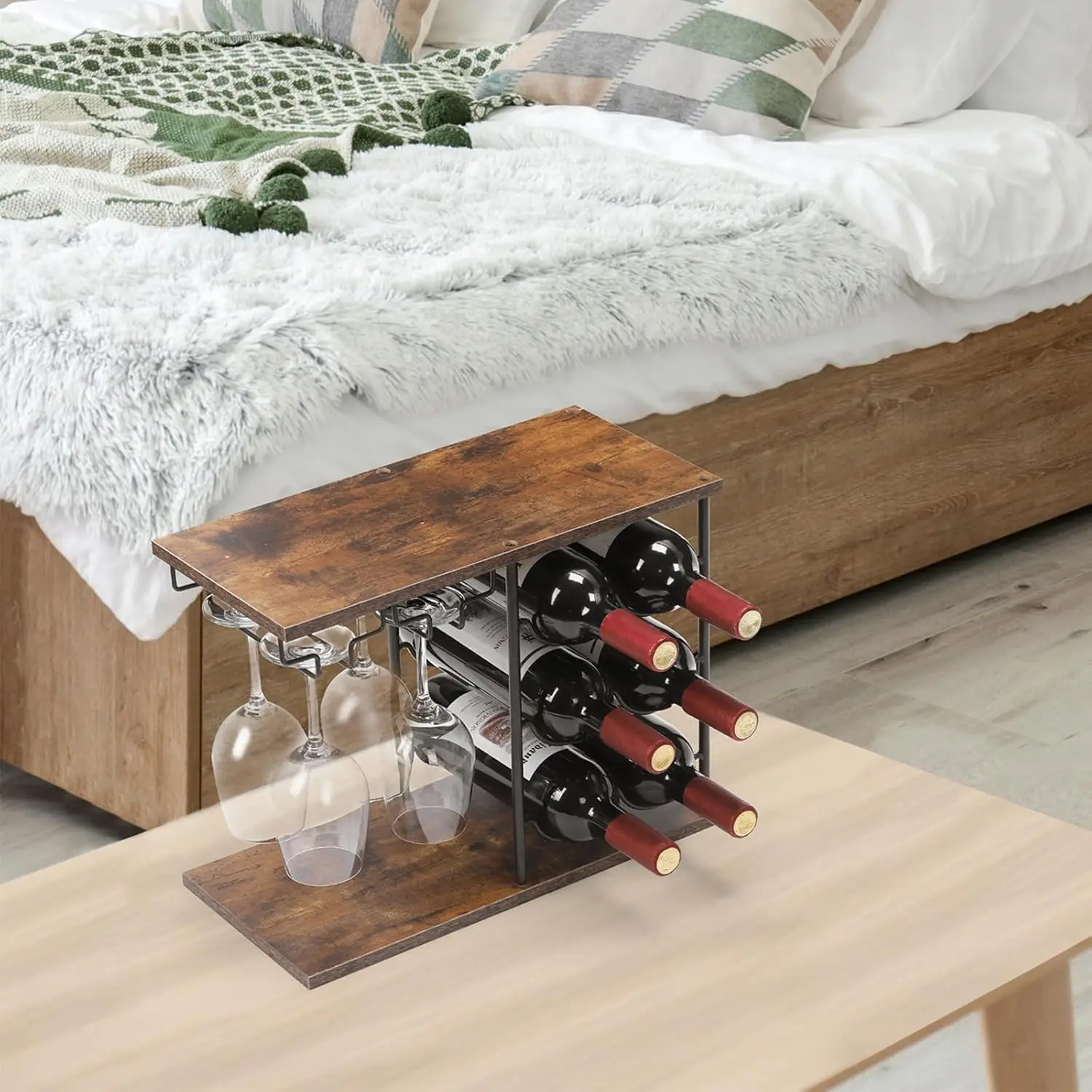 Wine Rack Countertop Wine Holder Stand for 6 Wine Bottles and 4 Glasses