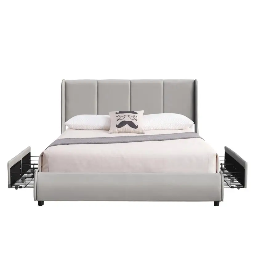 Modern Queen Size Up-holstered Light Grey Leather Bed With Drawer