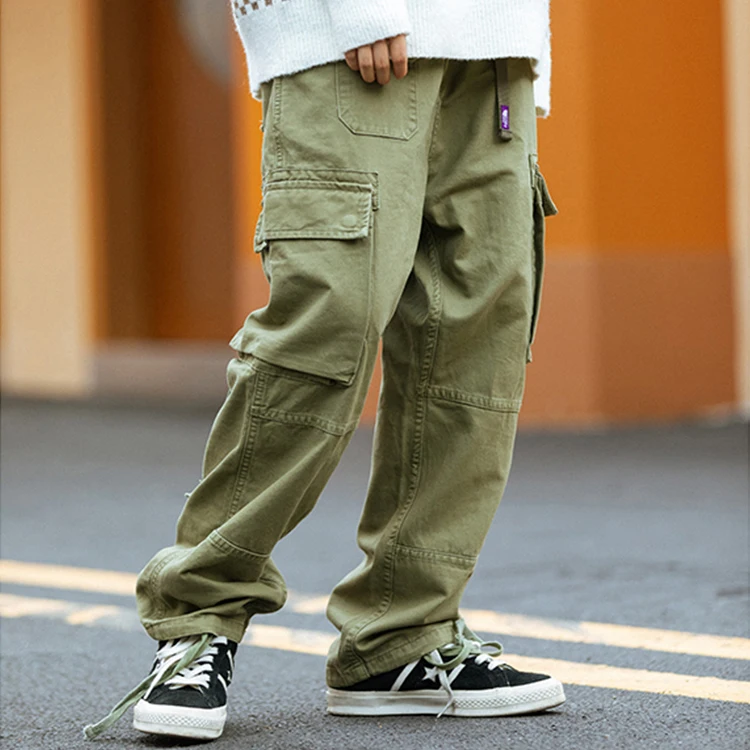 Wholesale autumn trendy men cotton vintage wide leg multi-pockets functional ribbon trim oversized baggy cargo pants