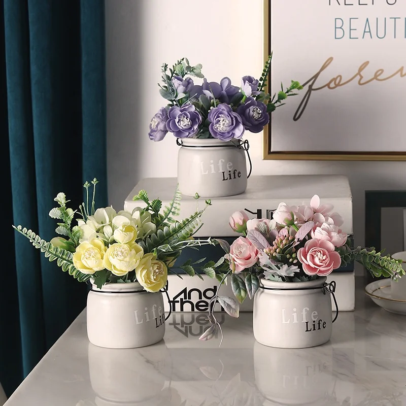 wholesale high quality silk flower pots artificial home house decoration ceramic flowerpot vase