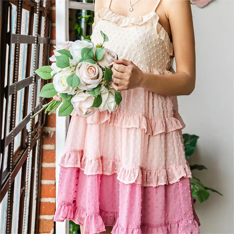 Korea Modern Knee Length Dress Summer Sleeveless  Pink Causal Pleated Nice Short Chiffon Dress For Ladies