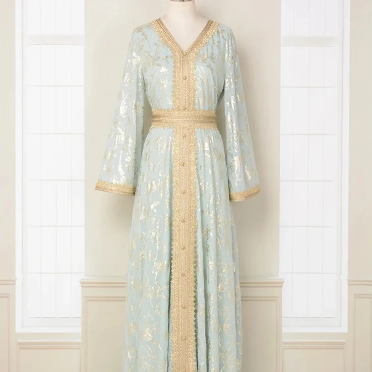 Hot Selling Middle East Dubai Evening Dress Muslim Bottom Grab Flower Bronzing Fashion Robe