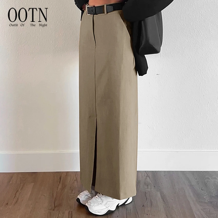 OOTN Spring Women Slit Long Skirts Chic Women 2024 Elegant Office Lady Slim Straight Skirts Fashion Patchwork Khaki Skirts