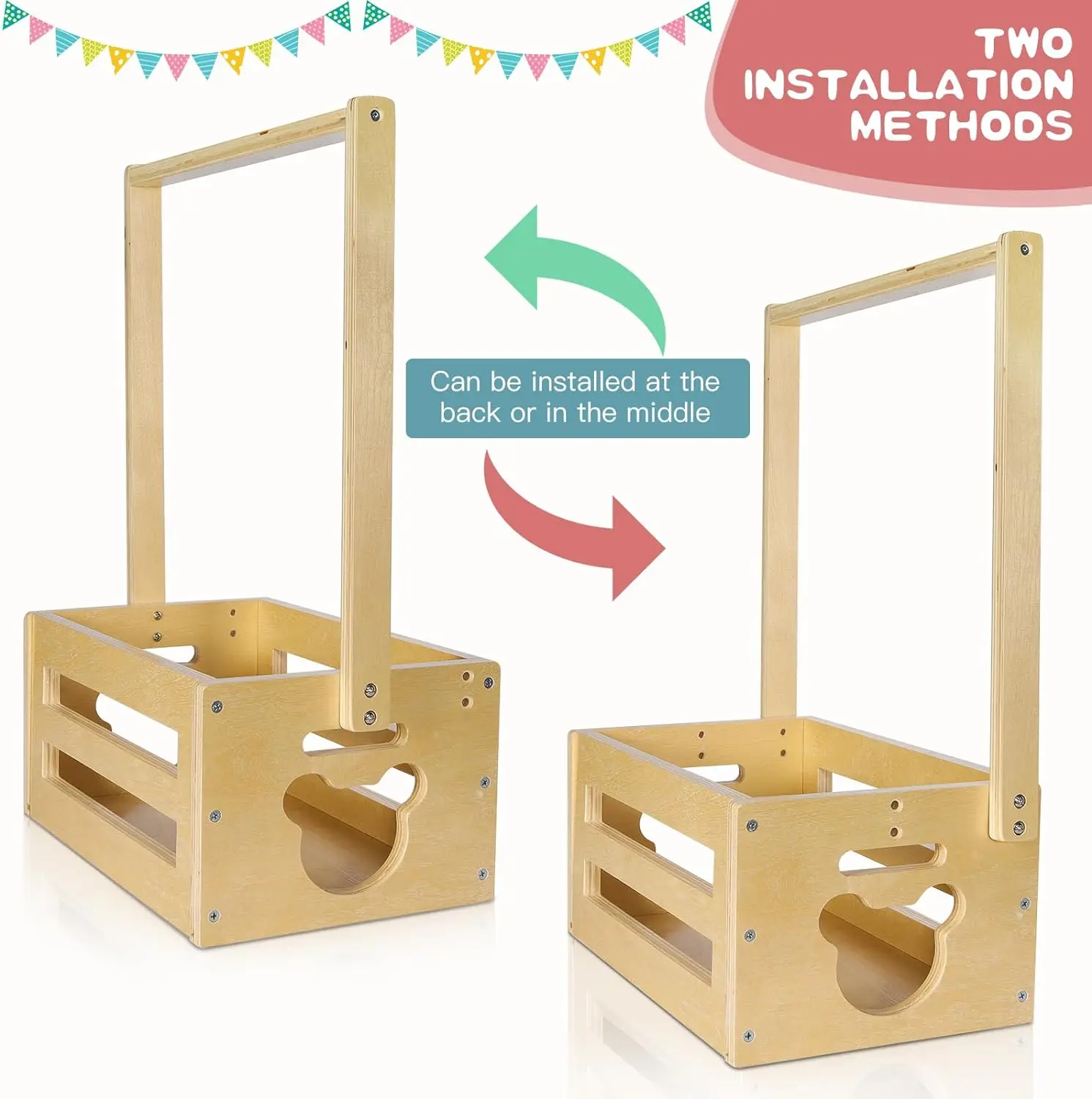 Wholesale Wood Baby Basket with Adjustable Handle and Garland Storage Crate Hamper Baby Shower Wooden Gift Crate