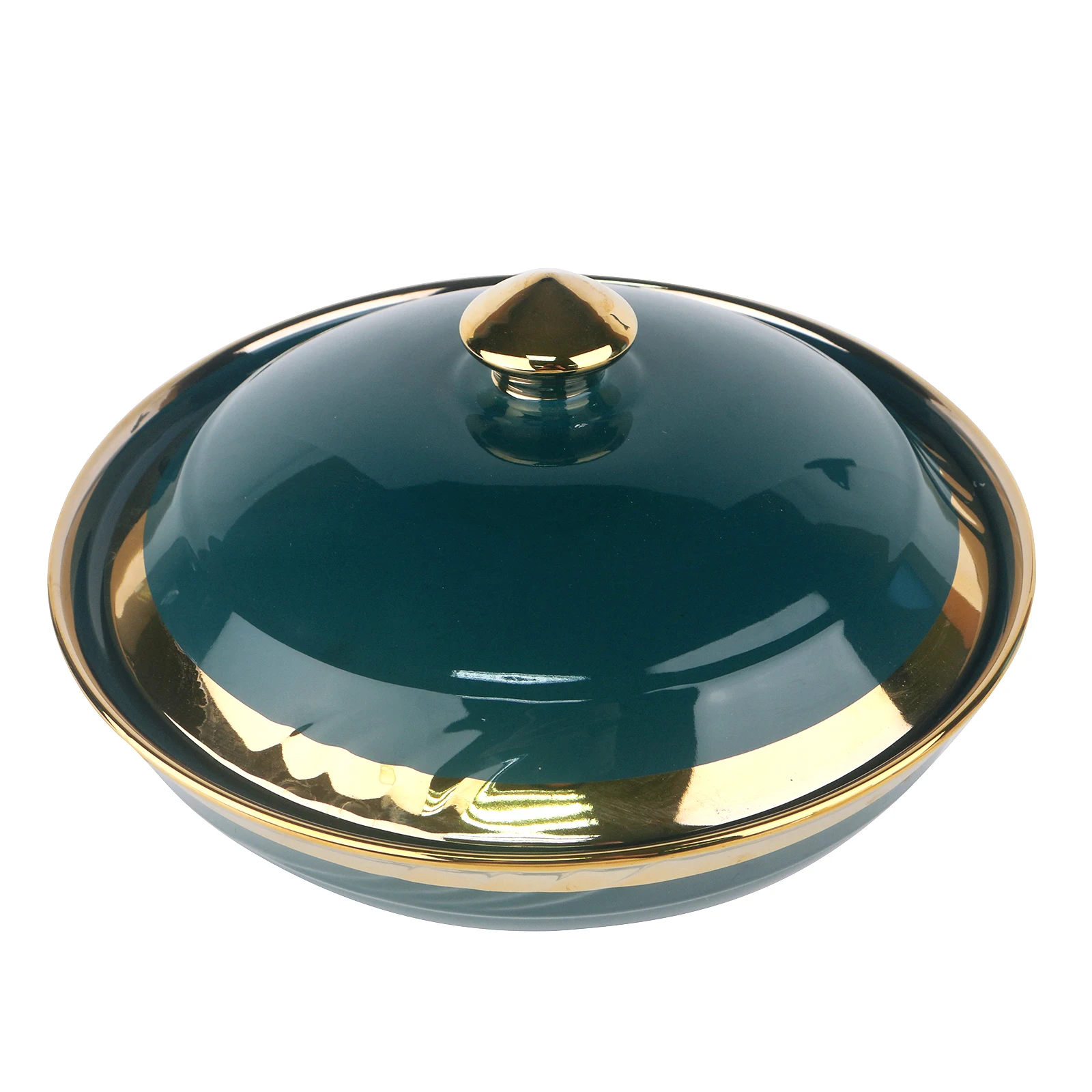 Dark Green Ceramic Dinner Rice Bowl With Golden Rim and Golden Lid