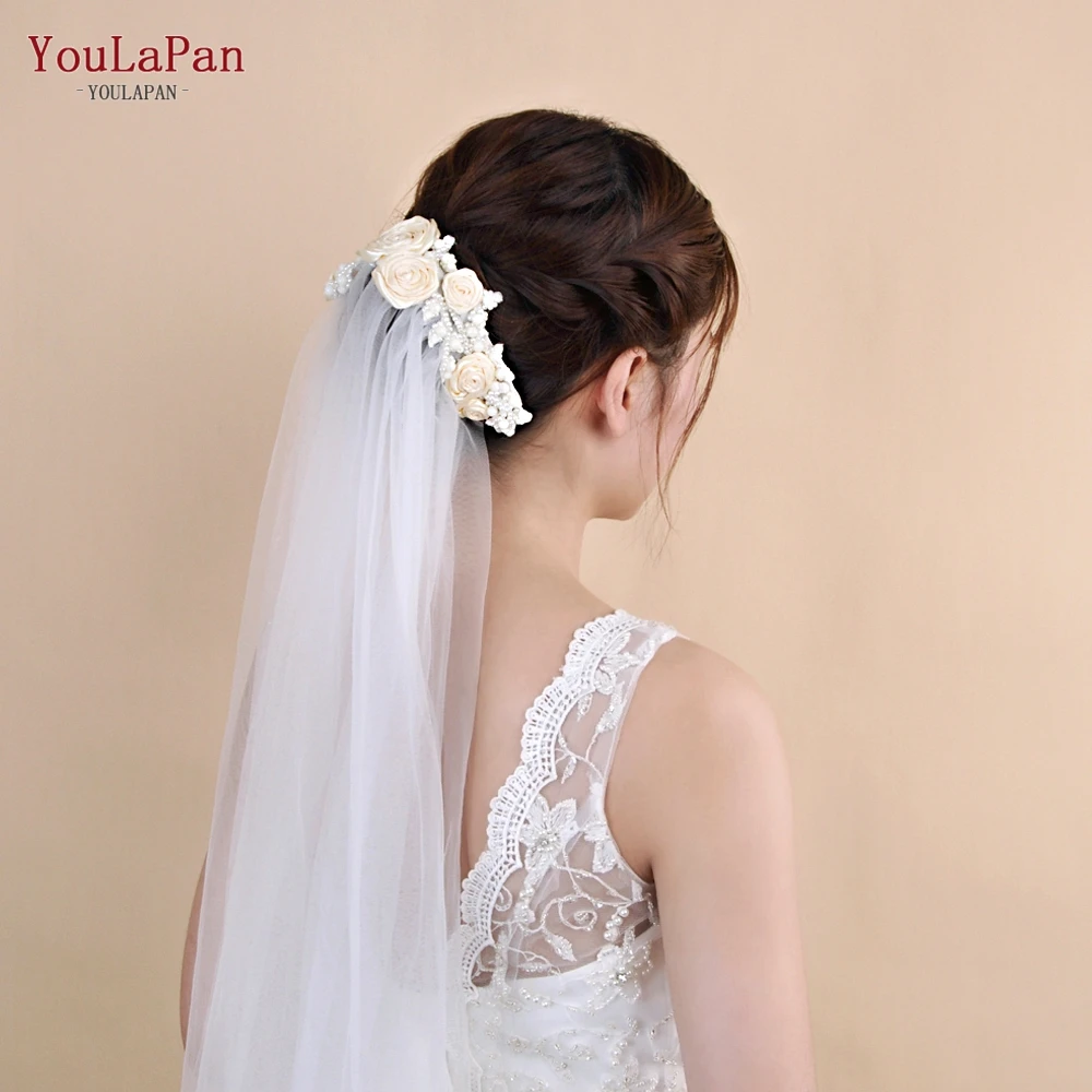 Youlapan VS323-I Мода ручной работы цвета слоновой кости, украшенное искусственными отделкой Фата; Жемчужно-белые свадебные вуали Соборная Длинная свадебная фата