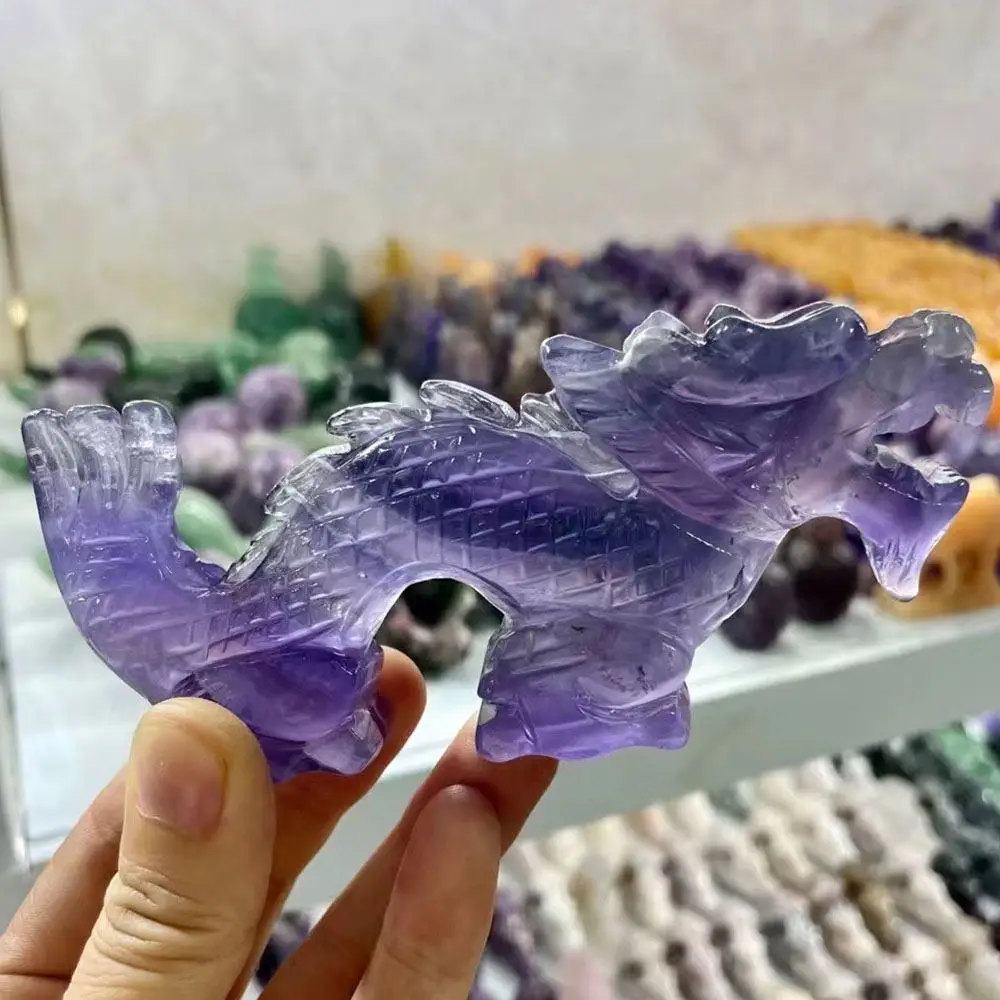 13cm Hand Carved Purple Fluorite Stone Ancient China Dragon Healing Gemstone Amulet For Belongings Decor