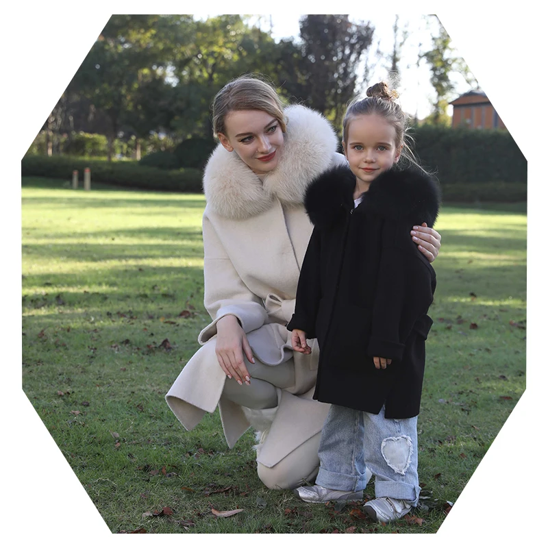 Janefur New Arrival Wool Overcoat For Kids Trench Coat Real Fox Fur Cuffs Girls Winter Cashmere Wool Kids Jacket