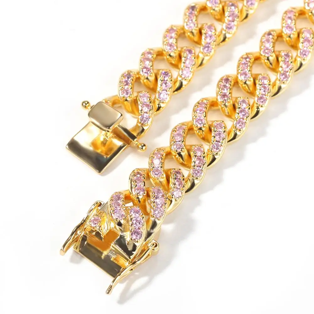 Iced Out 12mm Pink CZ Cuban Link Chain Miami Choker Rose Gold 14inch 16inch Short Necklace Women Men Jewelry