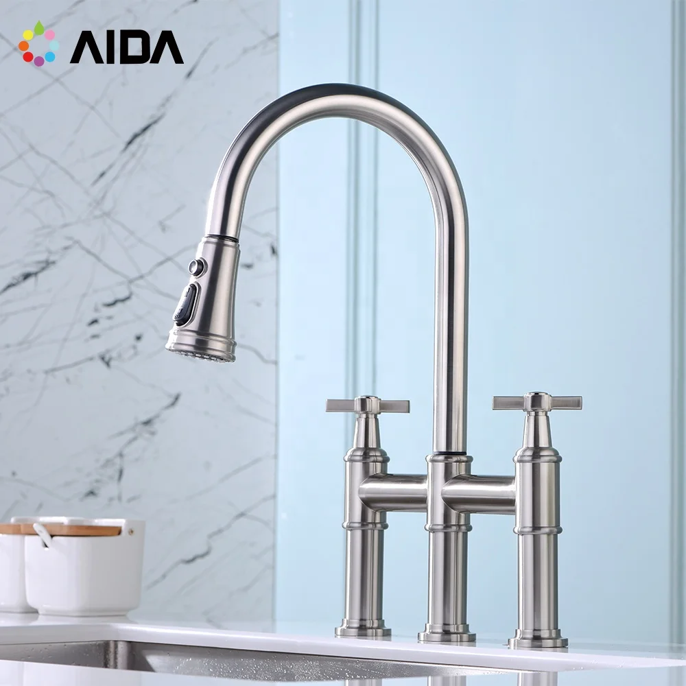 Multifunction Pull Out Spray 360 Swivel Vintage Tap Pull Down Dual Handle Kitchen Tap Faucet