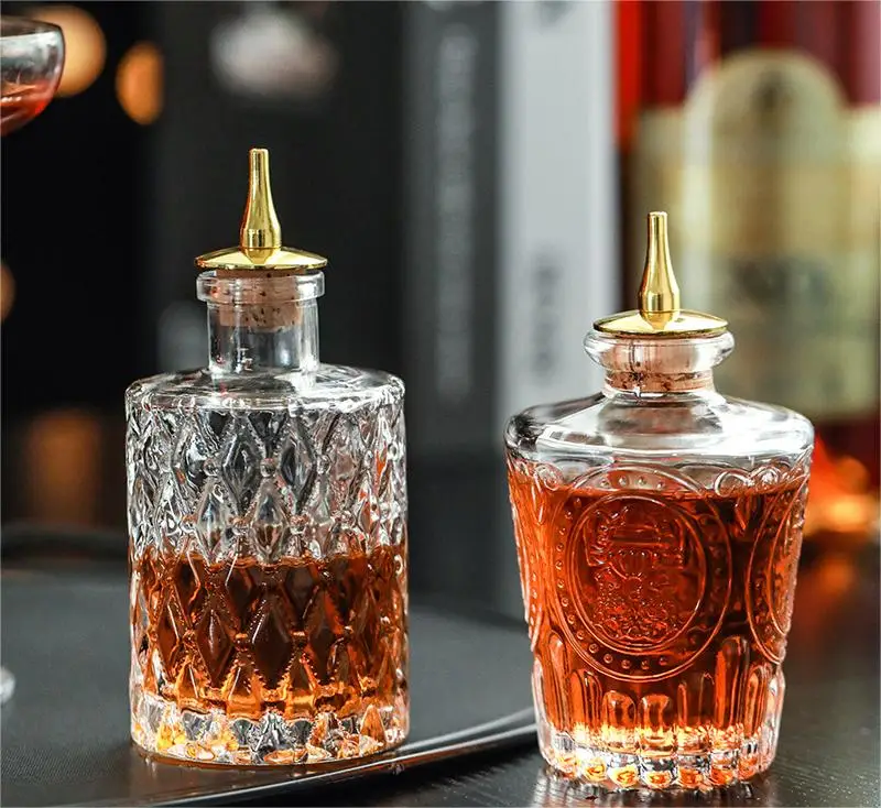 Bitter Bottle Donatello Cocktail Bitter Bottle Glass Wine Bottle with Gold Plated Dasher or Glass Beads Top