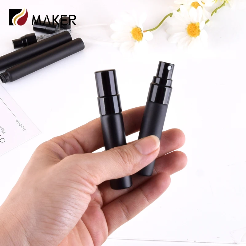 Portable 5ml 10ml matte black mini parfum atomizer empty fine mist travel small glass sample perfume dispenser bottle with pump