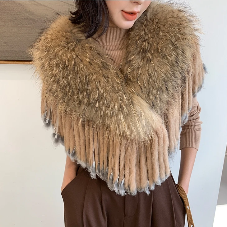 YR279 Detachable Fur Collar Fox Fur Shawl With Rabbit Fur Tassel