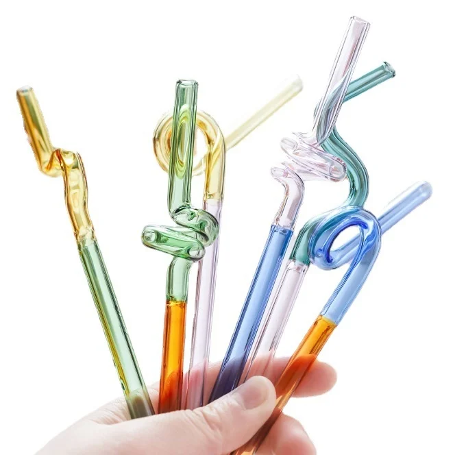 Top seller products custom reusable colored wavy bent curved cupful borosilicate glass straw with charm hook design set