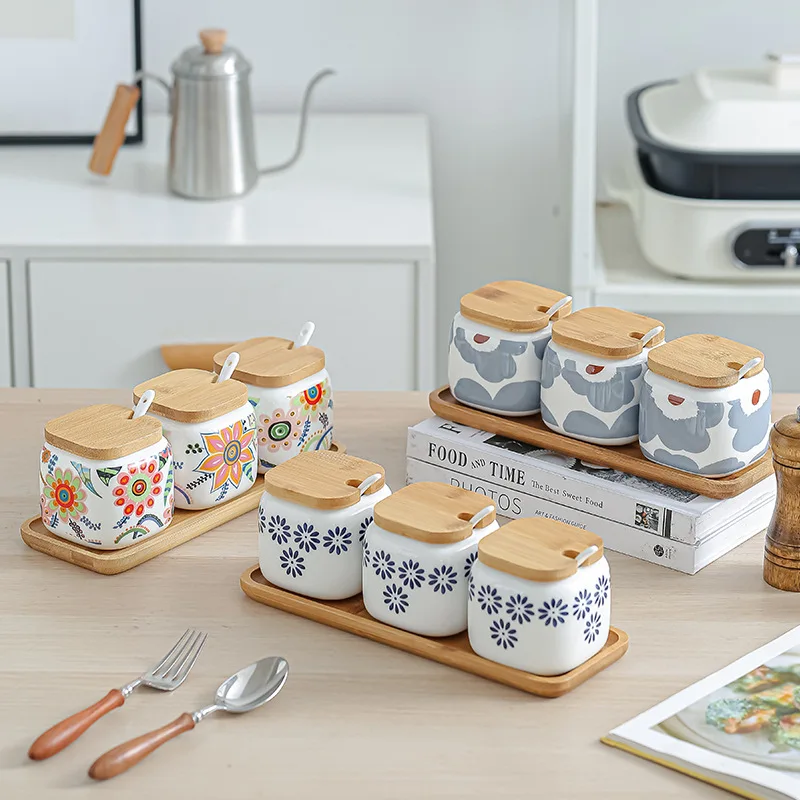 Kitchen Organizer And Storage Container Ceramic Seasoning Cans Salt Pepper Sugar Spice Storage Jars