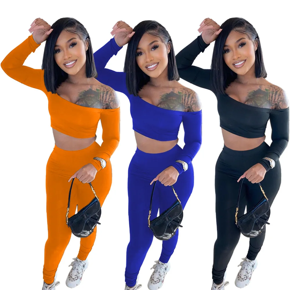 2022 women clothing Solid Woman Match Set Casual Crop Top And High Waist Sweat Pants Sexy Two Piece Pant Set
