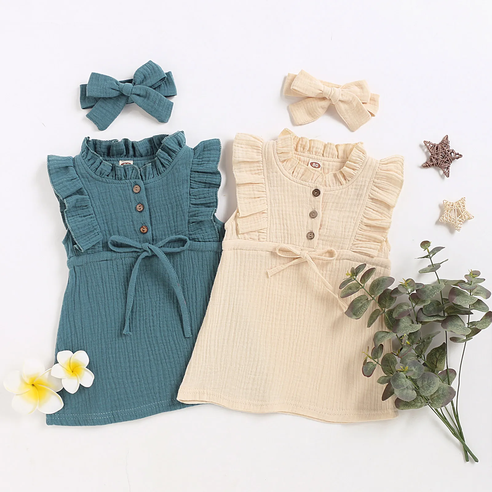 Kids Baby Girls Cotton Linen Vest Style Dress+Headband Fashion Solid Color Button Bow A-line Princess Dresses