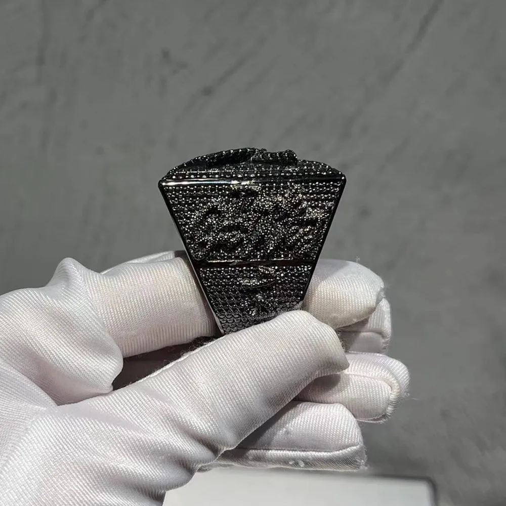 Custom Heavy S925 Sterling Silver Iced Out Black Hip Hop Moissanite Men Ring