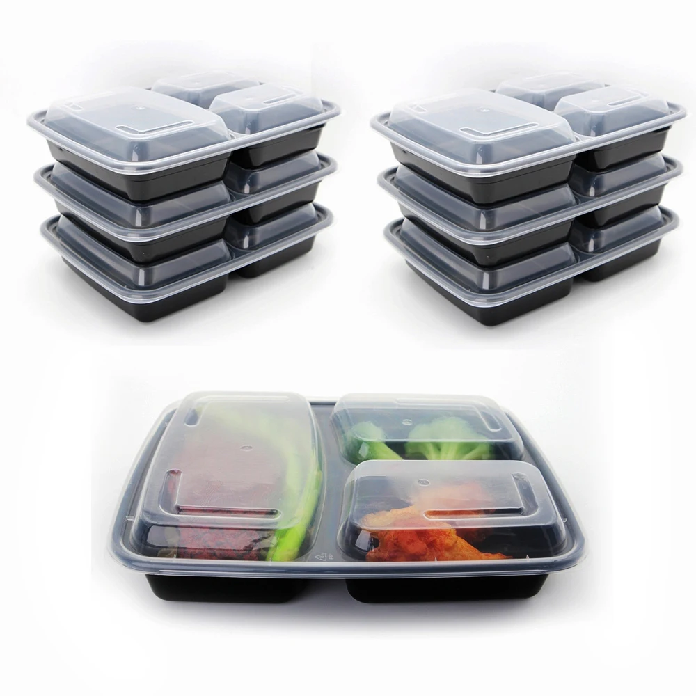 Disposable Hot Sale Food Grade Take Away 3 Compartments Stackable  Black Meal Prep Food Containers With Lid