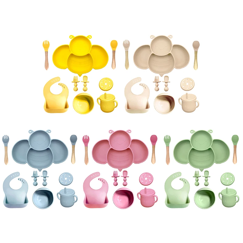 9PC Toddler Feeding Set Pattern Bib Suction Plate Bowl Straw Cup With Lid Baby Dining Tableware Set Waterproof Babero Cutlery