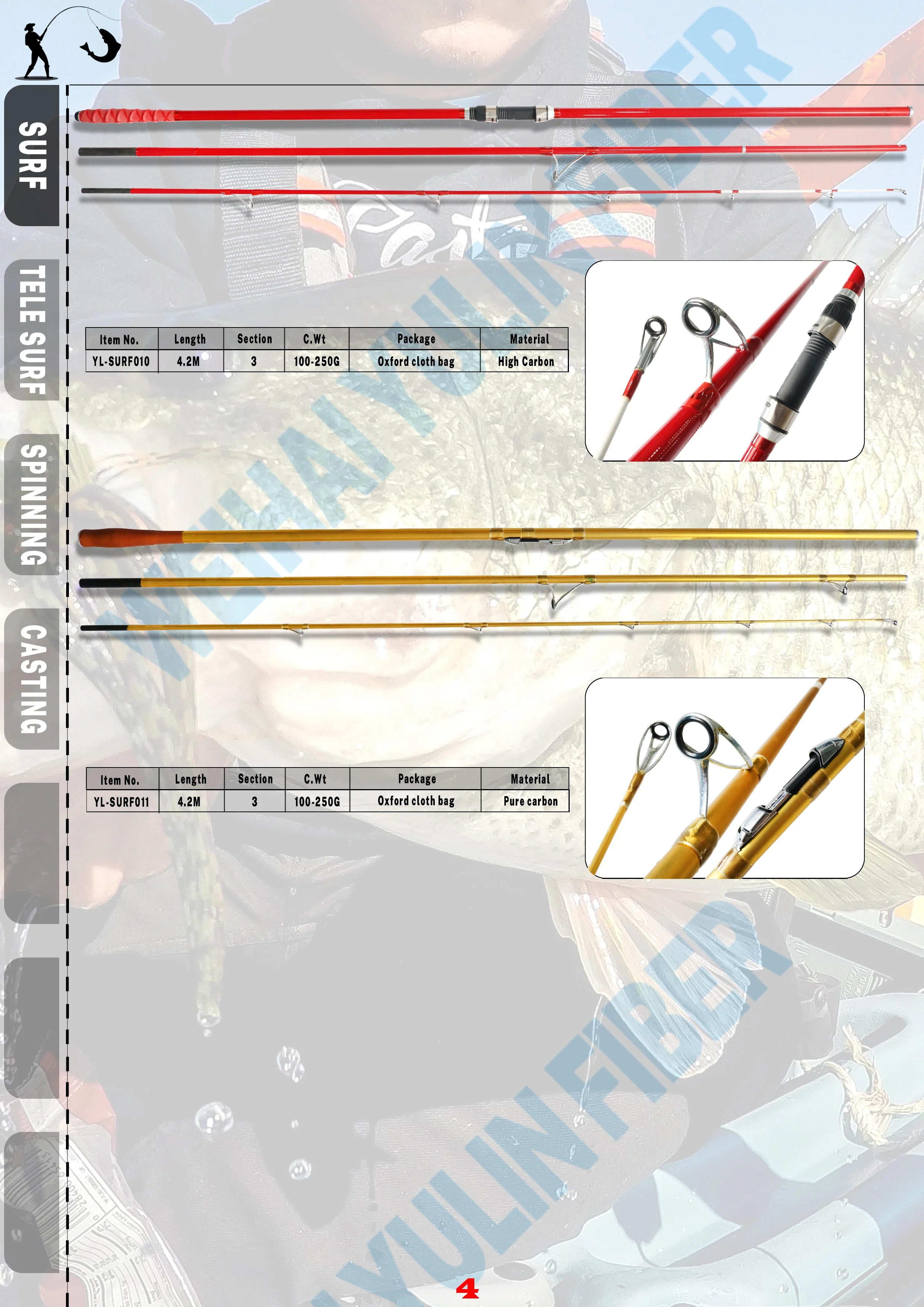 HYD-OEM/ODM Factory  3 Sections Long Casting  Spinning Shore Gig 4.5m carbon rim tubular Rod Surf Fishing Rod