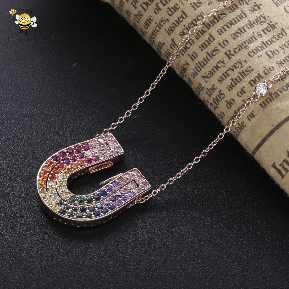 2020 Most Popular Fashion Sparkling Colorful Diamond AAA CZ Stone Horseshoes Pendant Necklace 925 Sterling Silver