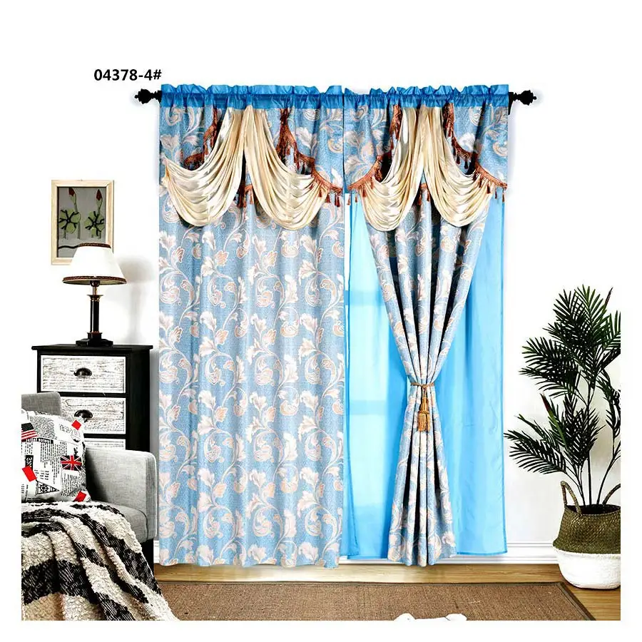 
Grey Fancy Jacquard Curtain with Attached Valance and Tassels Decoration on the Top for Living Room or Cafe 