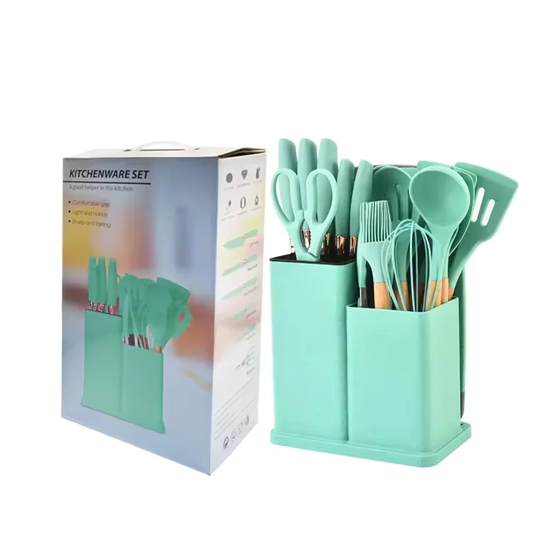 Hot Sale Silicone non-stick kitchenware set 19 pieces kitchen utensils set silicone with wood handle