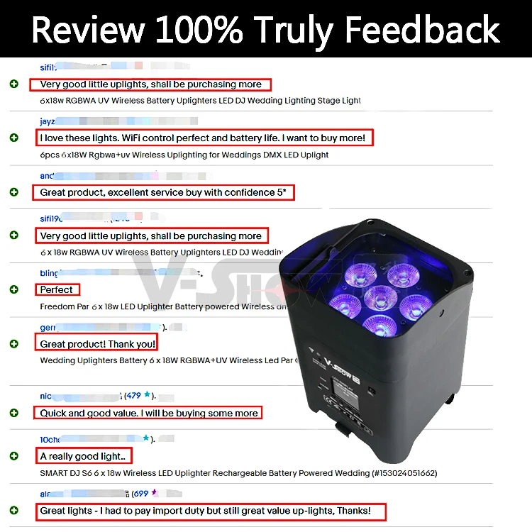 VSHOW WBRF0606 6pcs with case Uplight 6x18w DMX led Par battery rgbwaUV 6 in1 led par can IR remote  Wireless Battery Par Light