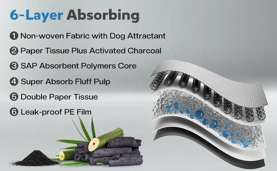 SN pet pad bamboo carbon pee pads for dogs puppy mat leak proof disposable absorbent pet training pads 5 layers with glue back