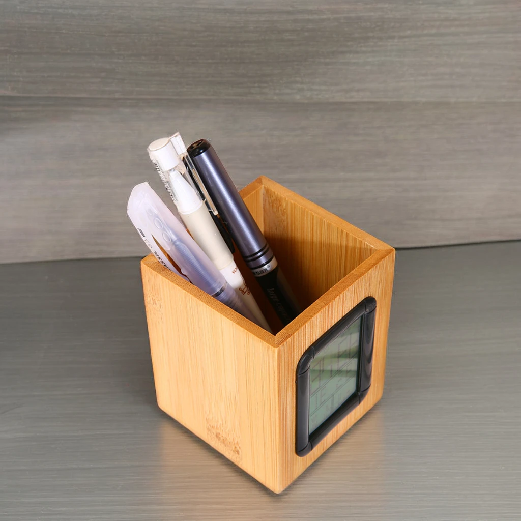 Creative Bamboo LCD Voice Control Home Living Room Study Pure Bamboo Large Screen Digital Display Pen Table Alarm Clock