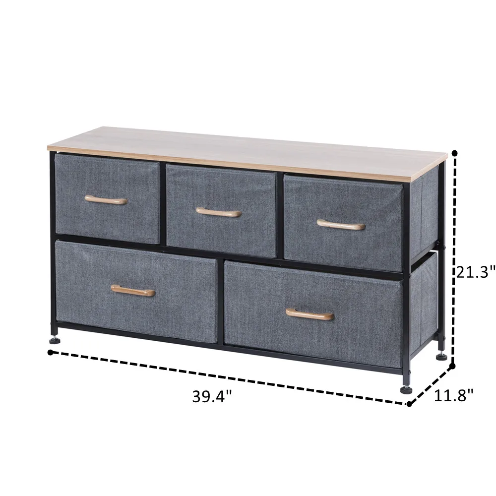 5 Fabric Foldable Drawers Cabinet Metal Frame Wooden Top Drawer Dresser Storage For Living Room Furniture