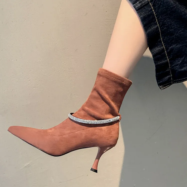 Cialisa Autumn Winter Stretch Ankle Boots Pointed Toe Thin High Heels Designer Shoes Lady Rhinestone Strap Woman Boot