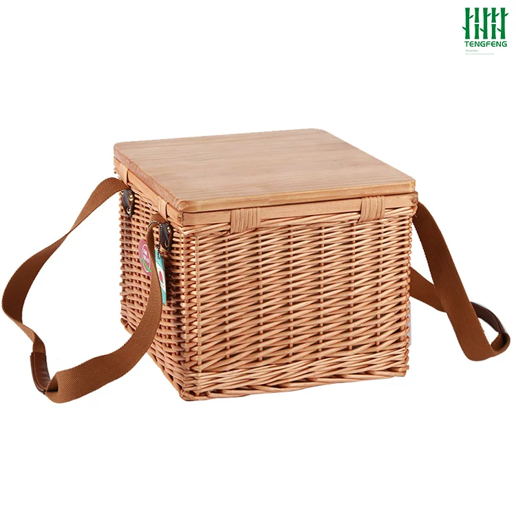 Wholesale OEM outdoor Camping handmade wooden basket rattan basket picnic basket with lid