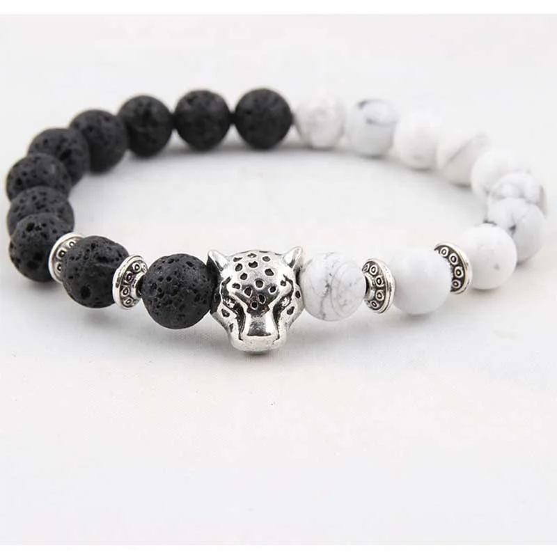 Wholesale  Weathered Agate Black Stone Volcanic Stone Lapis Lazuli Bracelet Beads Lion Leopard Head Bracelet Mens Bracelet Charm