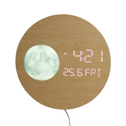 EMAF 12 inch large luxury LED simulation Moon Phases wooden LED digital wall clock minimalist decorative modern wall clock