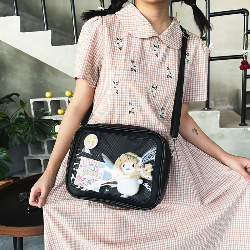 kwaii soft girl Messenger bag cute girl pu with insert shoulder transparent small square bag JK Baji pin ita bag
