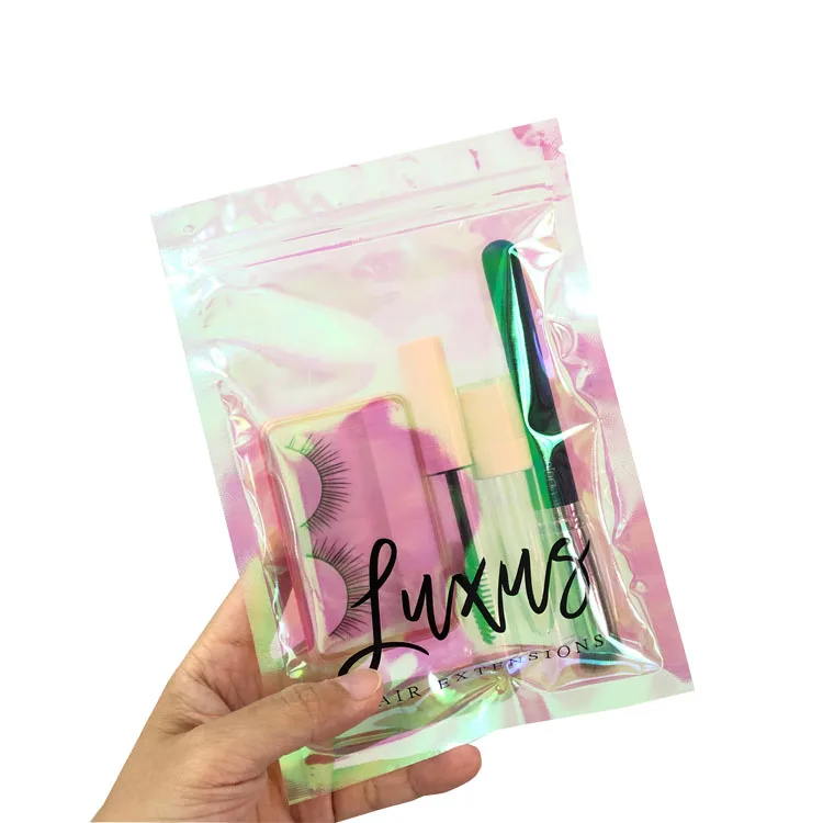 Блестящая Серебристая блестящая Голограмма на молнии с логотипом заказ Подарочный пластиковый переливающийся упаковочный пакет