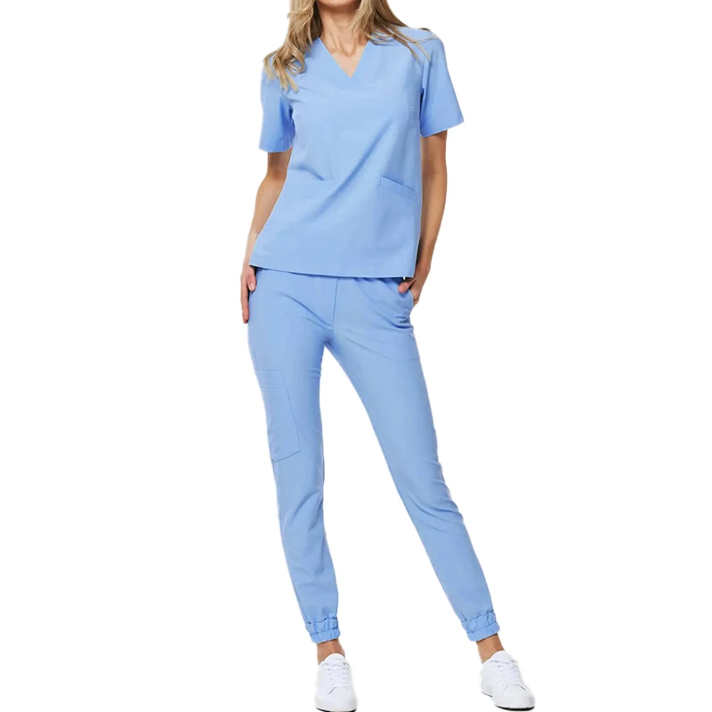 yuhong factory new design hot sale custom good price women tops and pants jumper stretch nursing ceil blue scrub uniform set