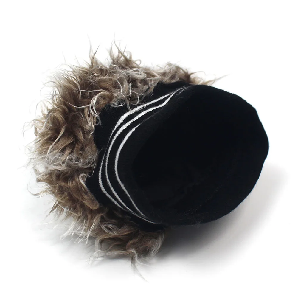 Fuchs Black and White Striped Headband Knitted Dockers Hat Hip-Hop Wig Cap with Hair Woolen Knitted Hoodie Hat