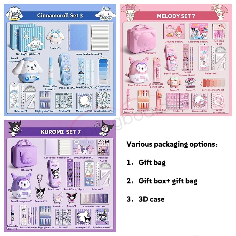 2024 Latest Sanrio Stationery Set Journal Set Eraser Pencil Notepad Notebook Pencil Case Highlighter Pens Kuromi My Melody