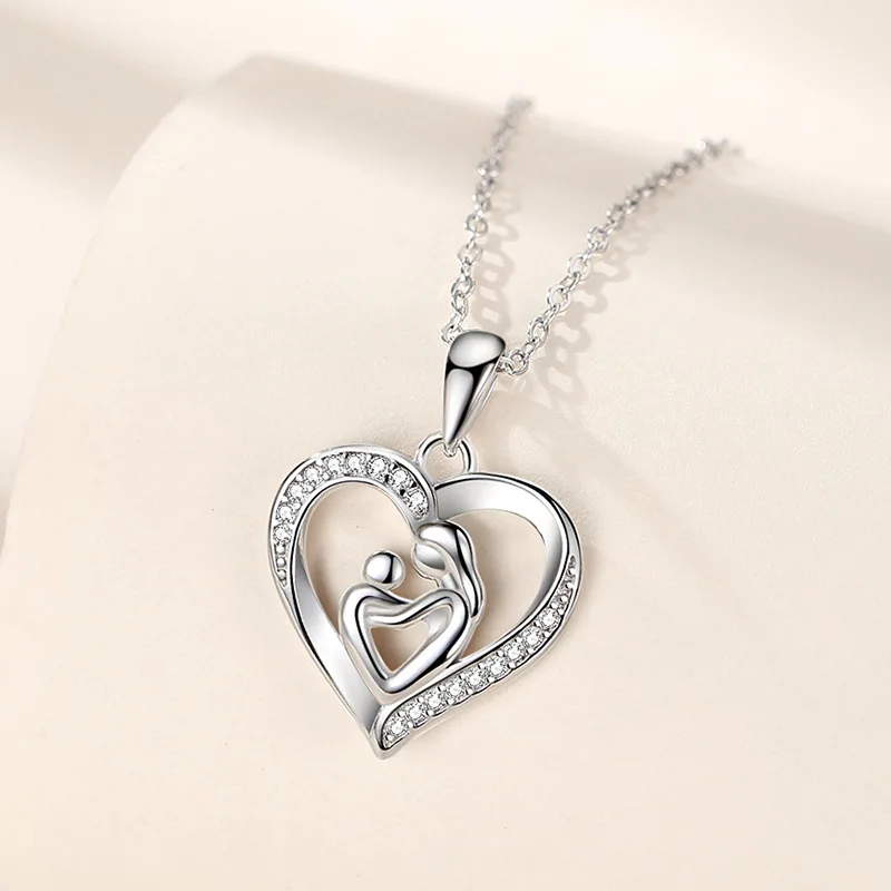 SPJ Trendy 925 Sterling Silver heart Shaped Mothers Son Concentric Pendant with Diamond Rhodium Plated Necklaces For Mom
