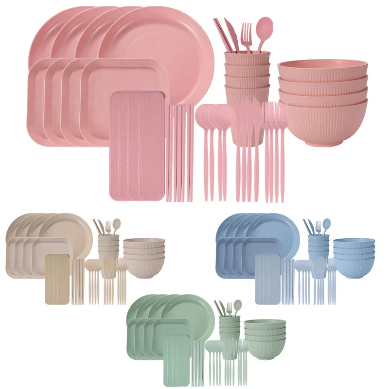 Dishwasher Safe Multi Color Deep Dinner Wheat Straw Bowls Plates Cups Set and Cutlery Set for Kitchen