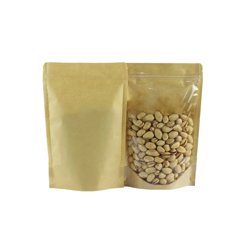 В наличии и на заказ Перезаправляемые пакеты с застежкой-молнией для упаковки продуктов прозрачные передние из крафтовой бумаги