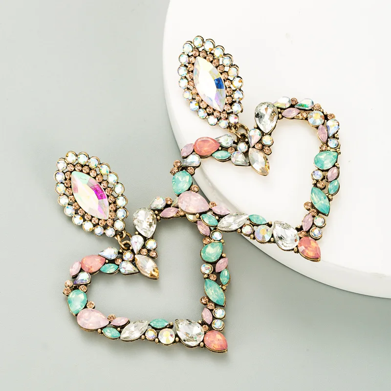 Exaggerated Heart-Shaped Alloy Color Full Diamond Earrings Women Fashion Temperament S925