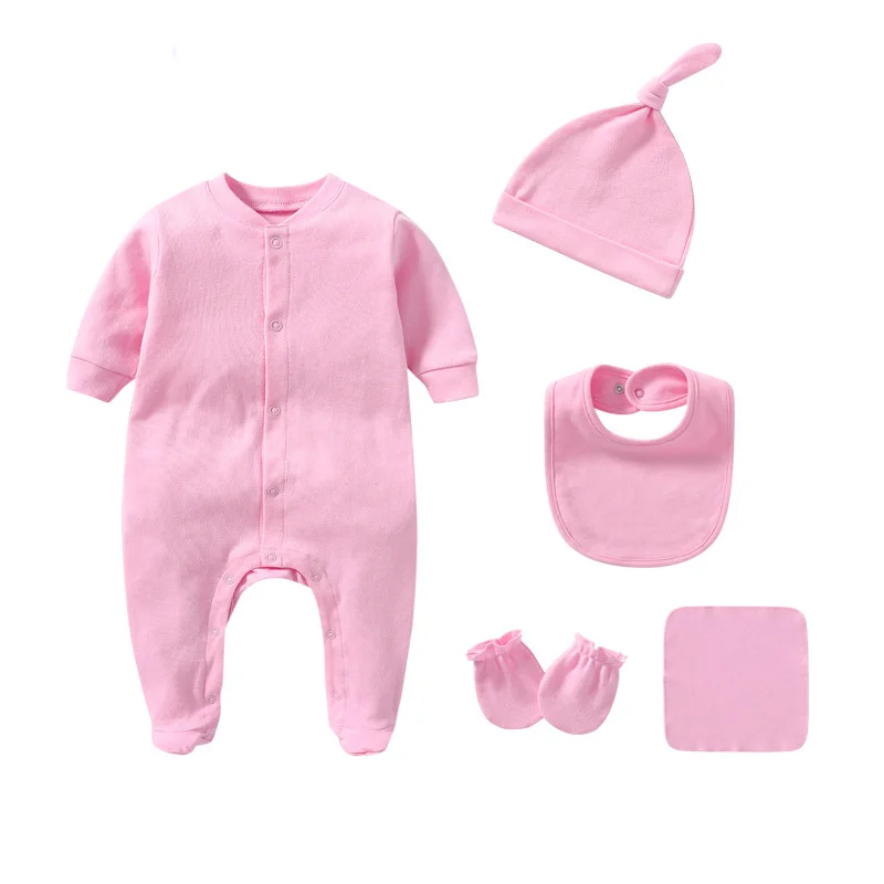 Pure Color Baby Jumpsuit Clothes Set 100% Cotton Romper Hat Bib and Mittens With Customized Popular Style for 0-12M