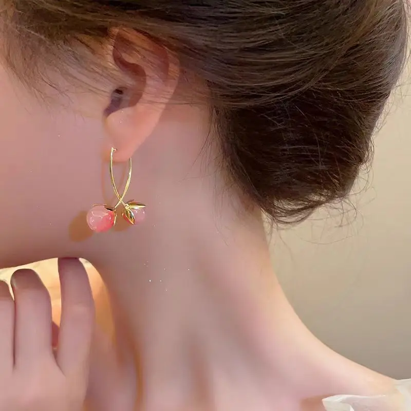 Korean Style Temperament Pink White Cherry Fruit Fringe Drop Stud Earrings for Women Girls Fashion Jewelry Daily Party